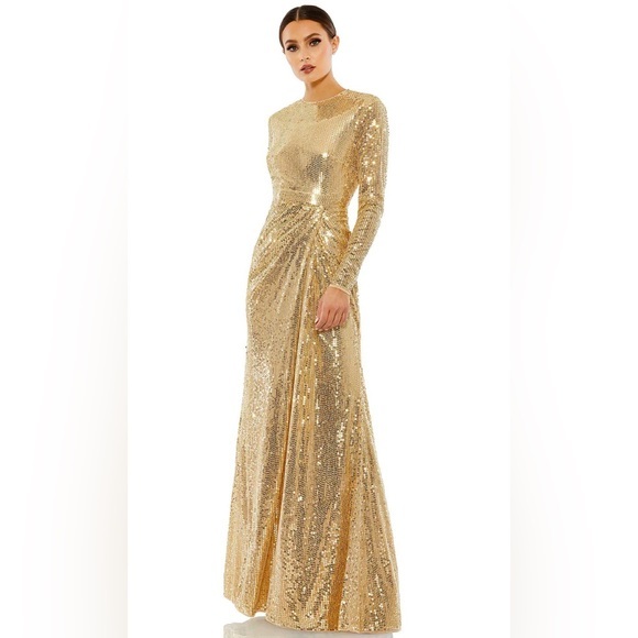 NWT Mac Duggal Gold Sequin High Neck Draped Long Sleeve Maxi Dress Size 12